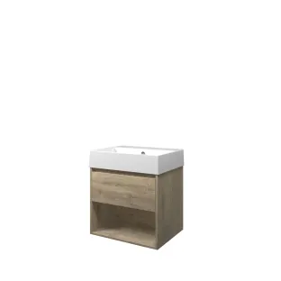 Proline Bathroom furniture - Washbasin loft porcelain - Raw oak/Gloss white - 60x46x65 cm - Single washbasin without tap hole - 1 drawer and 1 open shelf