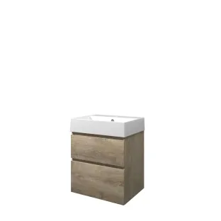 Proline Bathroom furniture - Washbasin loft porcelain - Raw oak/Gloss white - 60x46x73 cm - Single washbasin without tap hole - 2 asymmetrical drawers