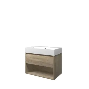 Proline Bathroom furniture - Washbasin loft porcelain - Raw oak/Gloss white - 80x46x65 cm - Single washbasin with 1 tap hole - 1 drawer and 1 open shelf