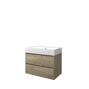 Proline Bathroom furniture - Washbasin loft porcelain - Raw oak/Gloss white - 80x46x65 cm - Single washbasin with 1 tap hole - 2 symmetrical drawers