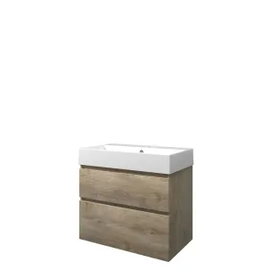 Proline Bathroom furniture - Washbasin loft porcelain - Raw oak/Gloss white - 80x46x73 cm - Single washbasin with 1 tap hole - 2 asymmetrical drawers