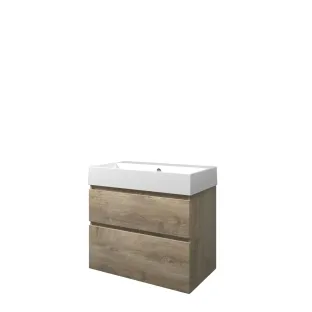 Proline Bathroom furniture - Washbasin loft porcelain - Raw oak/Gloss white - 80x46x73 cm - Single washbasin without tap hole - 2 asymmetrical drawers