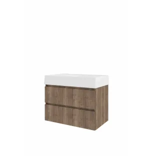 Proline Bathroom furniture - Washbasin loft porcelain - Terra oak/Gloss white - 80x46x65 cm - Single washbasin without tap hole - 2 drawers milled vertically