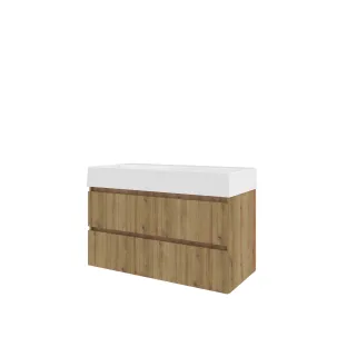 Proline Bathroom furniture - Washbasin loft porcelain - Urban oak/Gloss white - 100x46x65 cm - Single washbasin without tap hole - 2 drawers milled vertically