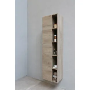 Proline hoge kast 1 deur met 5 open schappen - Raw oak - 45.5x35x169 cm - 4 glazen planchettes