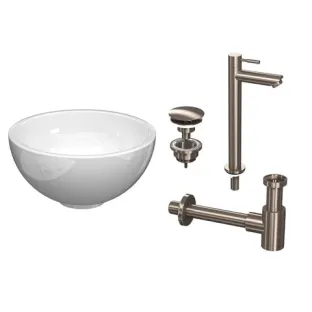 Proline Top Fountain Pack - bowl porcelain gloss white - tap high model - 24x24x12 cm - Brushed stainless steel