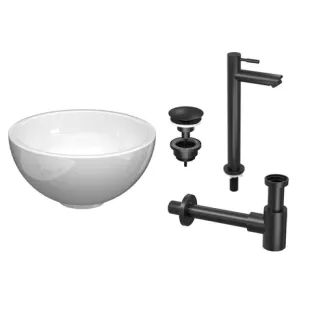 Proline Top Fountain Pack - bowl porcelain gloss white - tap high model - 24x24x12 cm - Matt black