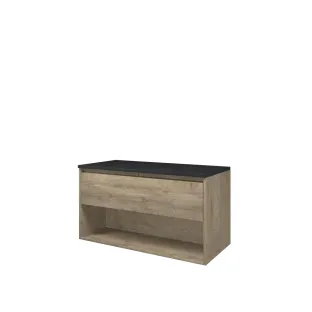 Proline Top base cabinet with cover plate - 100x46x55 cm - Raw oak/Blue stone - 1 drawer with 1 open shelf