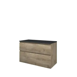 Proline Top base cabinet with cover plate - 100x46x63 cm - Raw oak/Blue stone - 2 asymmetrical drawers