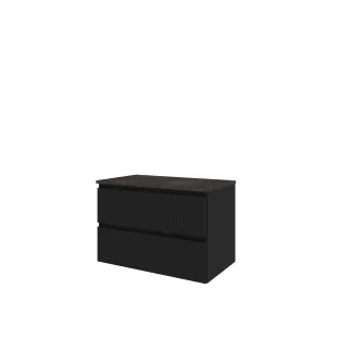 Proline Top base cabinet with cover plate - 80x46x55 cm - Matt black/Blue stone - 2 drawers vertically milled