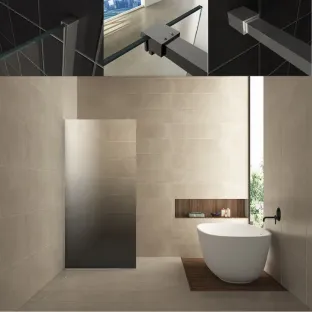 Wiesbaden walk-in shower set - glass wall 100x200 cm - 8 mm NANO mirror smoke to clear glass - profile set - stabilization bar 120 cm brushed gunmetal