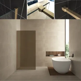 Wiesbaden walk-in shower set - glass wall 120x200 cm - 8 mm NANO vintage bronze glass - profile set - stabilization bar 120 cm brushed brass
