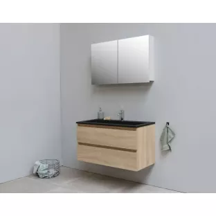 Sanilet badkamermeubel 100 cm breed - eiken - flatpack - met spiegelkast - wastafel zwart acryl - 1 kraangat