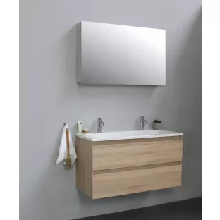 Sanilet badkamermeubel 100 cm breed - eiken - flatpack - met spiegelkast - wastafel wit acryl - 2 kraangaten