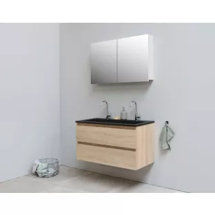 Sanilet badkamermeubel 100 cm breed - eiken - in elkaar gezet - met spiegelkast - wastafel zwart acryl - 2 kraangaten
