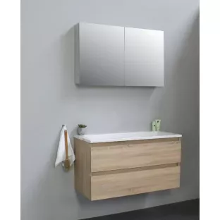 Sanilet badkamermeubel 100 cm breed - eiken - in elkaar gezet - met spiegelkast - wastafel wit acryl - 0 kraangaten