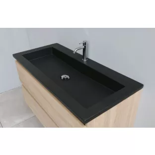 Sanilet badkamermeubel 100 cm breed - eiken - in elkaar gezet - zonder spiegel - wastafel zwart acryl - 1 kraangat