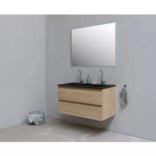 Sanilet badkamermeubel 100 cm breed - eiken - bouwpakket - met spiegel - wastafel zwart acryl - 2 kraangaten