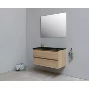 Sanilet badkamermeubel 100 cm breed - eiken - bouwpakket - met spiegel - wastafel zwart acryl - 0 kraangaten
