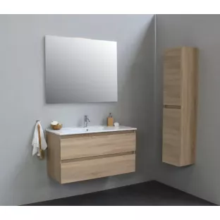Sanilet badkamermeubel 100 cm breed - eiken - in elkaar gezet - met spiegel - wastafel porselein - 1 kraangat