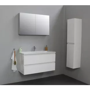 Sanilet badkamermeubel 100 cm breed - hoogglans wit - flatpack - met spiegelkast - wastafel wit acryl - 1 kraangat