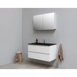 Sanilet badkamermeubel 100 cm breed - hoogglans wit - flatpack - met spiegelkast - wastafel zwart acryl - 1 kraangat