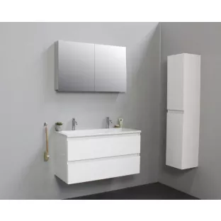 Sanilet badkamermeubel 100 cm breed - hoogglans wit - flatpack - met spiegelkast - wastafel wit acryl - 2 kraangaten