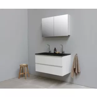 Sanilet badkamermeubel 100 cm breed - hoogglans wit - flatpack - met spiegelkast - wastafel zwart acryl - 2 kraangaten