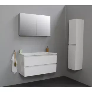 Sanilet badkamermeubel 100 cm breed - hoogglans wit - flatpack - met spiegelkast - wastafel wit acryl - 0 kraangaten