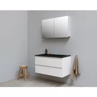 Sanilet badkamermeubel 100 cm breed - hoogglans wit - in elkaar gezet - met spiegelkast - wastafel zwart acryl - 0 kraangaten