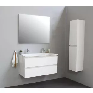 Sanilet badkamermeubel 100 cm breed - hoogglans wit - bouwpakket - zonder spiegel - wastafel wit acryl - 2 kraangaten