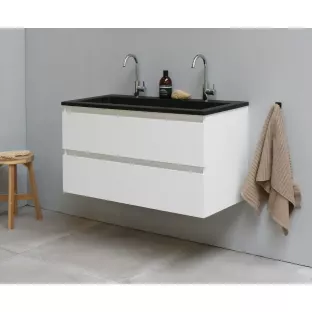 Sanilet badkamermeubel 100 cm breed - hoogglans wit - bouwpakket - zonder spiegel - wastafel zwart acryl - 2 kraangaten