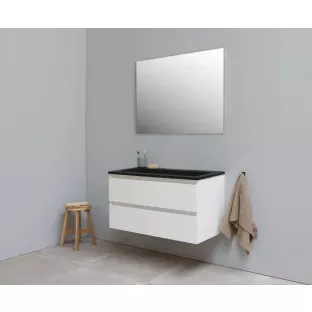 Sanilet badkamermeubel 100 cm breed - hoogglans wit - in elkaar gezet - met spiegel - wastafel zwart acryl - 0 kraangaten