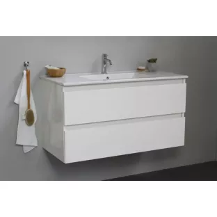 Sanilet badkamermeubel 100 cm breed - hoogglans wit - in elkaar gezet - zonder spiegel - wastafel porselein - 1 kraangat