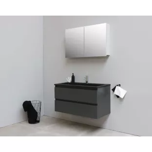 Sanilet badkamermeubel 100 cm breed - mat antraciet - in elkaar gezet - met spiegelkast - wastafel zwart acryl - 1 kraangat