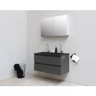 Sanilet badkamermeubel 100 cm breed - mat antraciet - in elkaar gezet - met spiegelkast - wastafel zwart acryl - 2 kraangaten