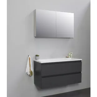Sanilet badkamermeubel 100 cm breed - mat antraciet - in elkaar gezet - met spiegelkast - wastafel wit acryl - 0 kraangaten
