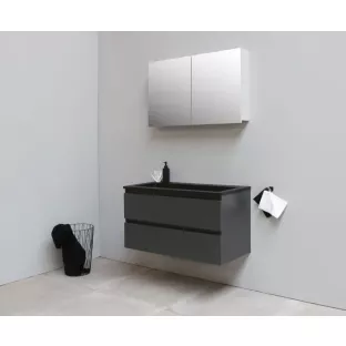Sanilet badkamermeubel 100 cm breed - mat antraciet - flatpack - met spiegelkast - wastafel zwart acryl - 0 kraangaten