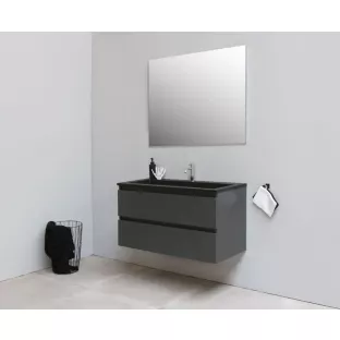 Sanilet badkamermeubel 100 cm breed - mat antraciet - in elkaar gezet - zonder spiegel - wastafel zwart acryl - 1 kraangat