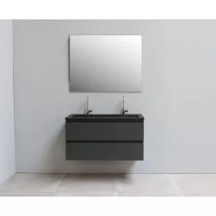 Sanilet badkamermeubel 100 cm breed - mat antraciet - bouwpakket - met spiegel - wastafel zwart acryl - 2 kraangaten