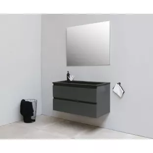 Sanilet badkamermeubel 100 cm breed - mat antraciet - in elkaar gezet - met spiegel - wastafel zwart acryl - 0 kraangaten