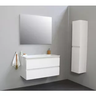 Sanilet badkamermeubel 100 cm breed - hoogglans wit - bouwpakket - met spiegel - wastafel wit acryl - 0 kraangaten