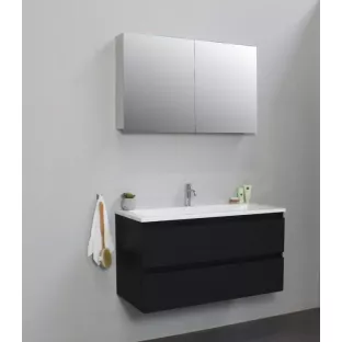 Sanilet badkamermeubel 100 cm breed - mat zwart - flatpack - met spiegelkast - wastafel wit acryl - 1 kraangat