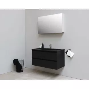 Sanilet badkamermeubel 100 cm breed - mat zwart - flatpack - met spiegelkast - wastafel zwart acryl - 1 kraangat