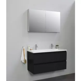 Sanilet badkamermeubel 100 cm breed - mat zwart - flatpack - met spiegelkast - wastafel wit acryl - 2 kraangaten