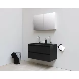 Sanilet badkamermeubel 100 cm breed - mat zwart - flatpack - met spiegelkast - wastafel zwart acryl - 2 kraangaten