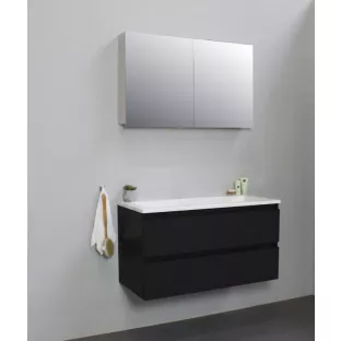 Sanilet badkamermeubel 100 cm breed - mat zwart - flatpack - met spiegelkast - wastafel wit acryl - 0 kraangaten