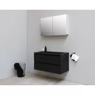Sanilet badkamermeubel 100 cm breed - mat zwart - flatpack - met spiegelkast - wastafel zwart acryl - 0 kraangaten