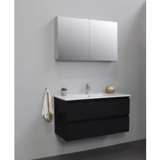 Sanilet badkamermeubel 100 cm breed - mat zwart - flatpack - met spiegelkast - wastafel porselein - 1 kraangat