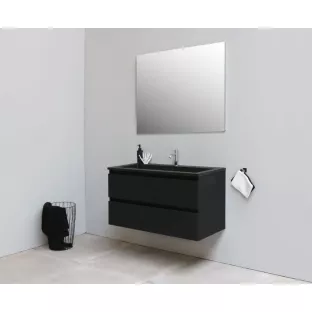 Sanilet badkamermeubel 100 cm breed - mat zwart - in elkaar gezet - met spiegel - wastafel zwart acryl - 1 kraangat